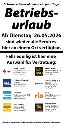 <p style="color: red !important; text-align: center;">Wir haben Betriebsurlaub und sind ab 26.05.2026 wieder da.</p> ()